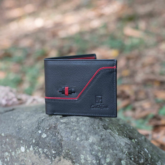 PODER SUTIL – Autoridad Discreta que Atrae Miradas | Cuero negro con detalles en rojo – Billetera CASTAFINA (Ref. BC-012)