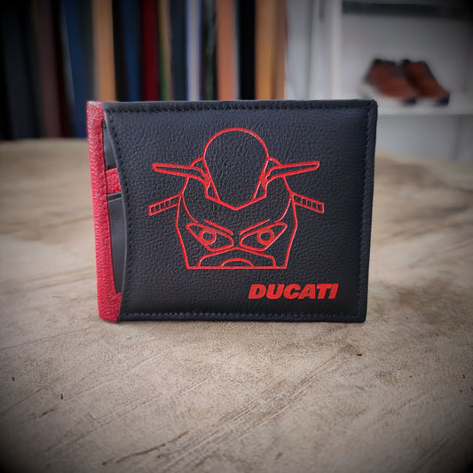 FURIA ROJA – Pasión sobre Ruedas | Cuero negro con rojo, diseño especial Ducati y tarjetero extraíble – Billetera CASTAFINA (Ref. BC-018)