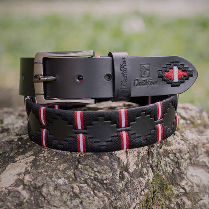 IMPERIO – Poder que Deja Huella | Cuero negro con tejido negro y apliques rojos y blancos – Cinturón tejido CASTAFINA clásico (Ref. TC-060)