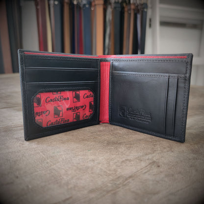 FURIA NEGRA – Poder y Precisión en Cada Detalle | Cuero negro con acentos rojos y tarjetero extraíble – Billetera CASTAFINA (Ref. BC-019)