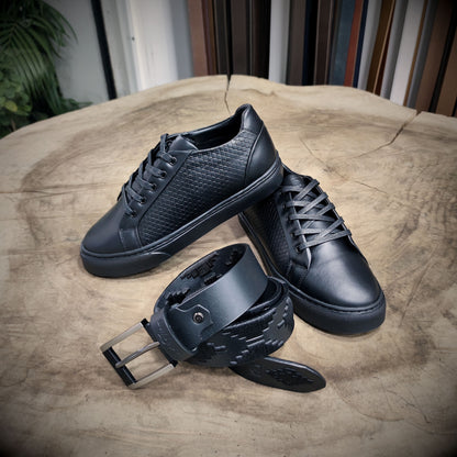 SOBERANO – Lujo que Impone | Combo de calzado sport negro texturizado y cinturón tejido a juego – CASTAFINA EXCLUSIVO (Ref. ZC-017)