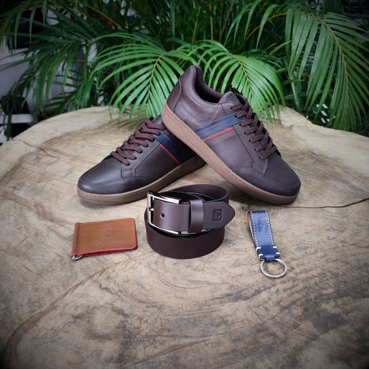 RASTRO – Camina con Personalidad | Cuero chocolate con detalles azul y rojo – CASTAFINA SPORT ESENCIAL (Ref. ZCE-005)