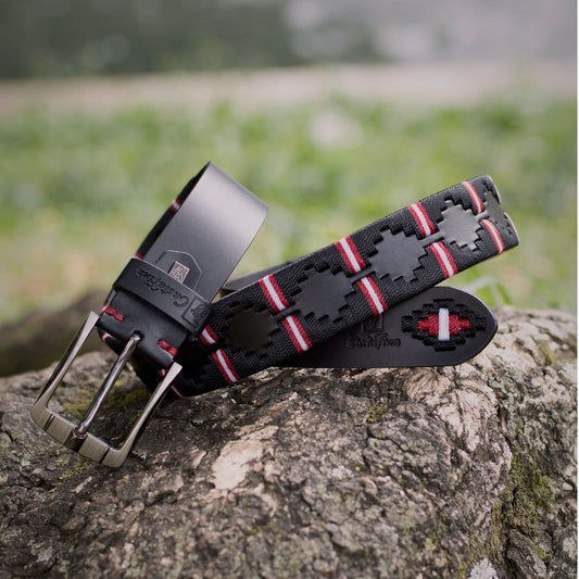 IMPERIO – Poder que Deja Huella | Cuero negro con tejido negro y apliques rojos y blancos – Cinturón tejido CASTAFINA clásico (Ref. TC-060)